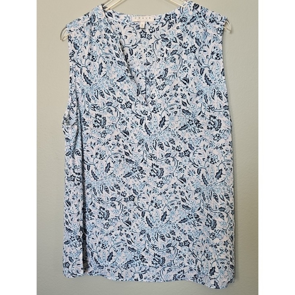 Chaus New York Sleeveless Floral Paisley V-Neck Blouse Boho Blue White XL - Picture 9 of 9